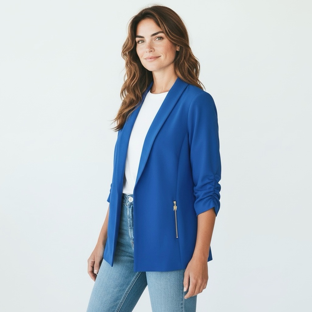 Anne Klein Open Front Blazer Shawl Collar Lapel 3/4 Ruched Sleeve Zip Pockets